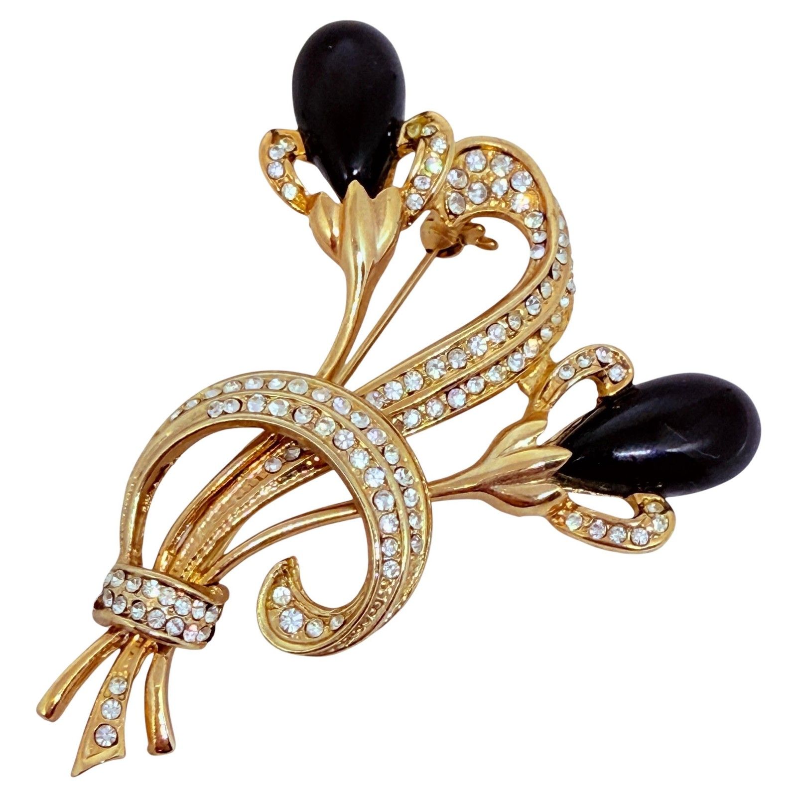 Vintage Gold Tone Rhinestone Flower Brooch